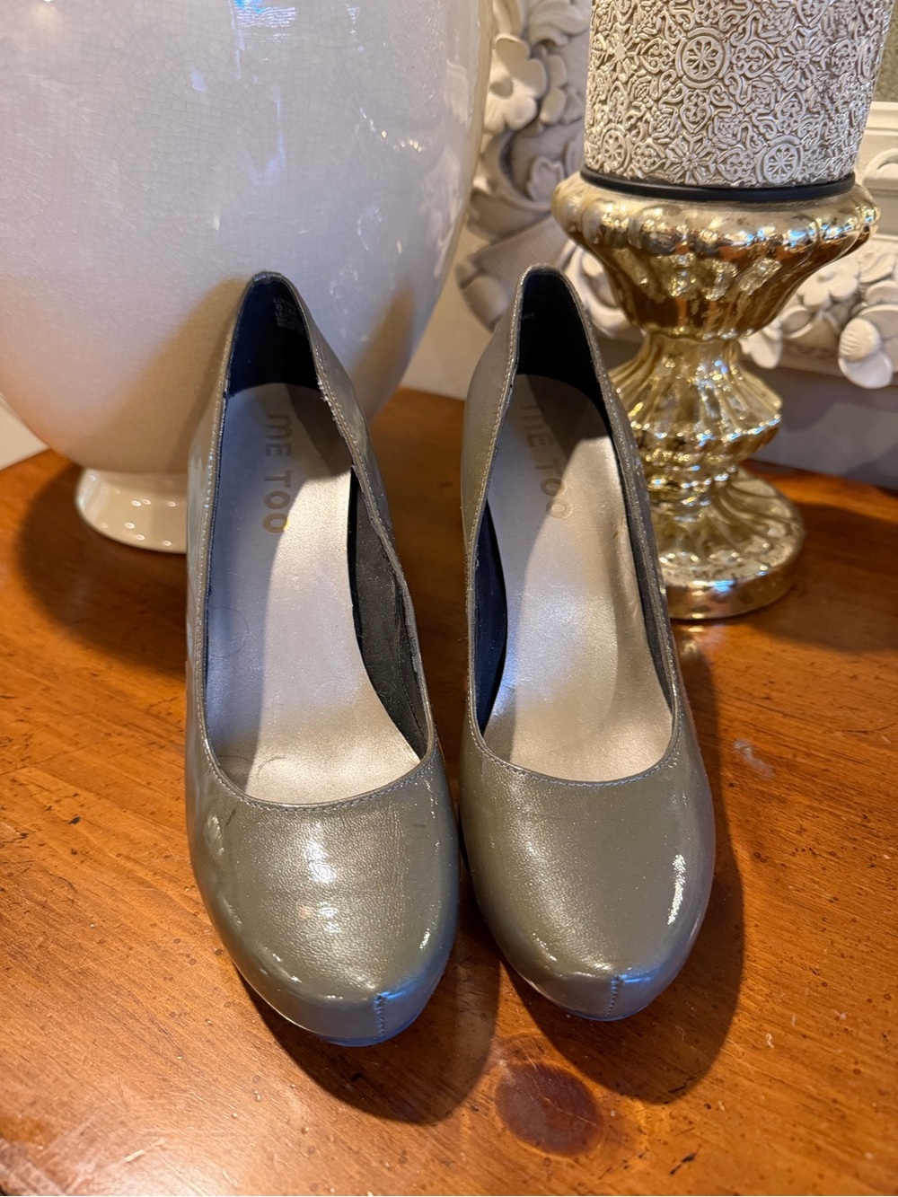 me too Gray Patent Round-Toe Pumps
